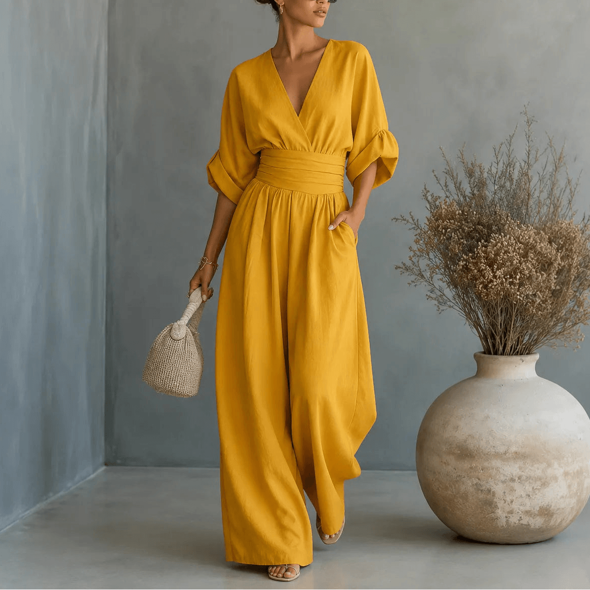 Wide-Leg Jumpsuit with V Neck and Pleated Waist Sash