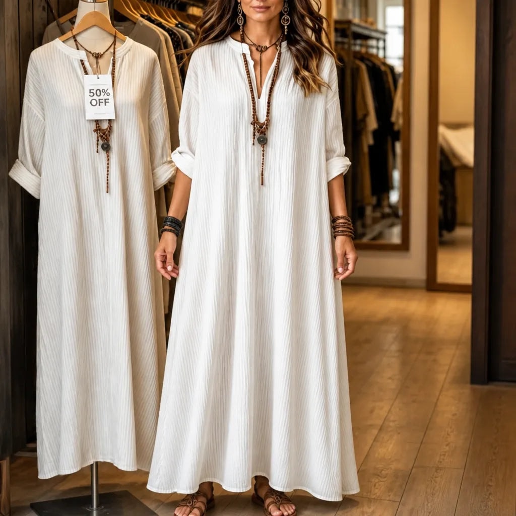 Striped V-Neck Maxi Dress with Long Sleeves and Pockets for Women