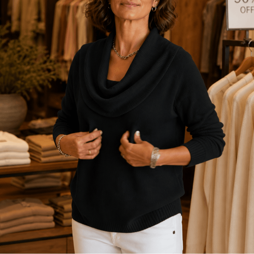 Women's Cowl Neck Drape Knitted Sweater with Long Sleeves