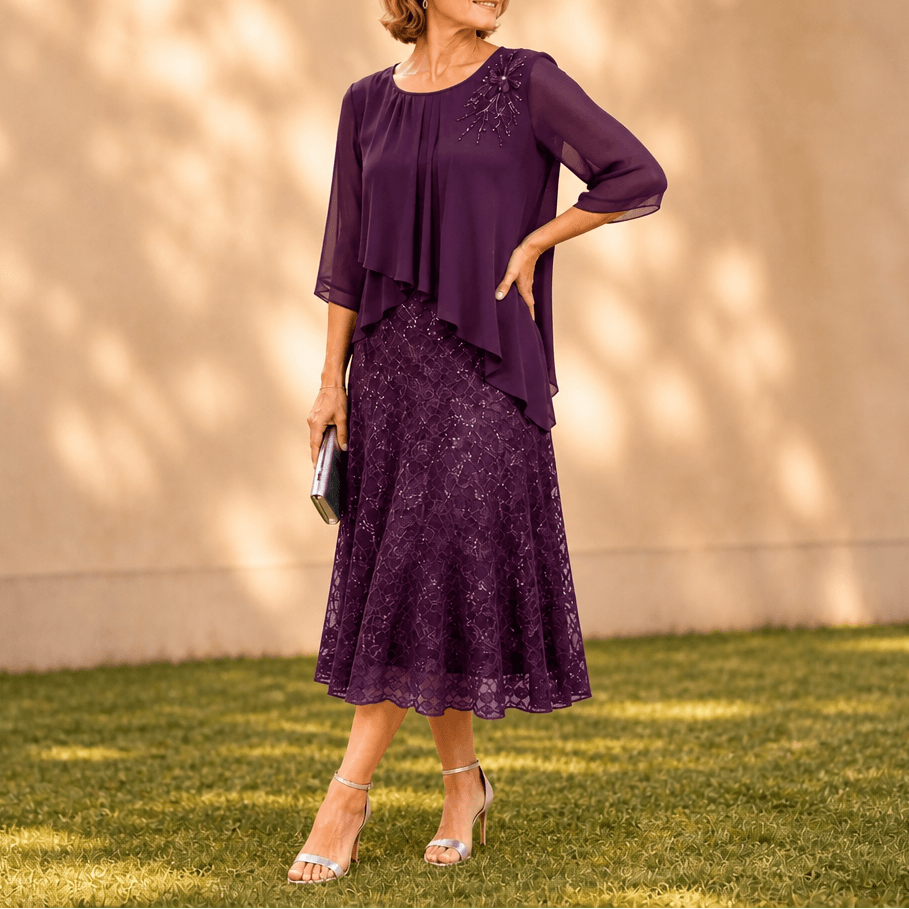 Elavine Floral Lace Overlay Chiffon Women's Midi Dress with Sheer Sleeves