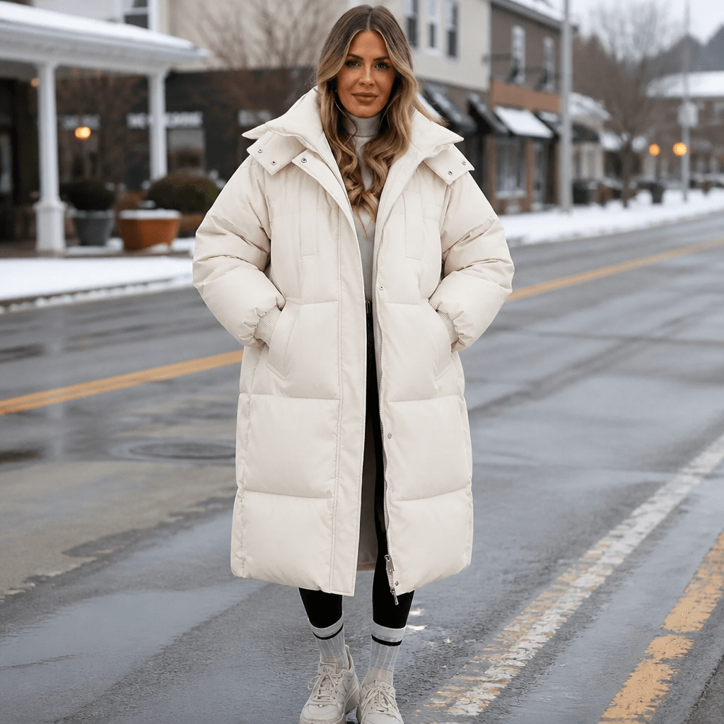 Women's Long Hooded Quilted Puffer Jacket with Side Pockets