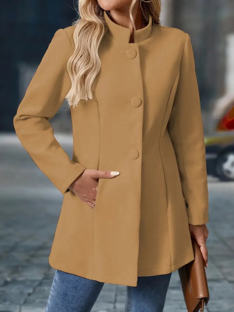 Sofia Button-Front Stand Collar Wool Blend Winter Coat for Women