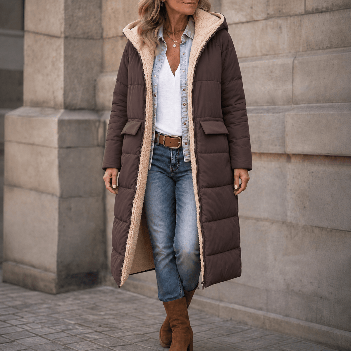 Reversa Women's Reversible Hooded Long Winter Coat with Faux Shearling Lining