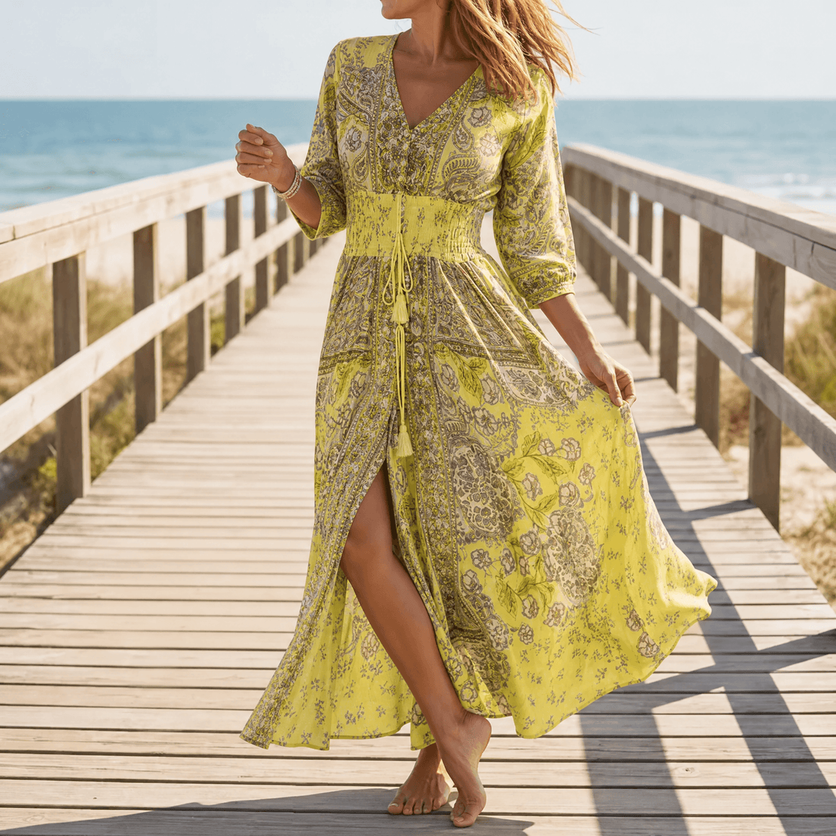 Floressa Paisley Floral V-Neck Maxi Dress with Drawstring Waist