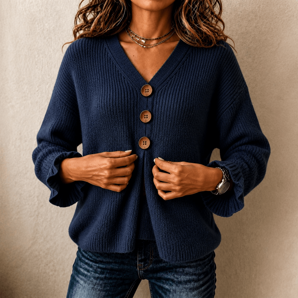 Vessa Ribbed V-Neck Button-Front Acrylic Knitted Sweater for Women