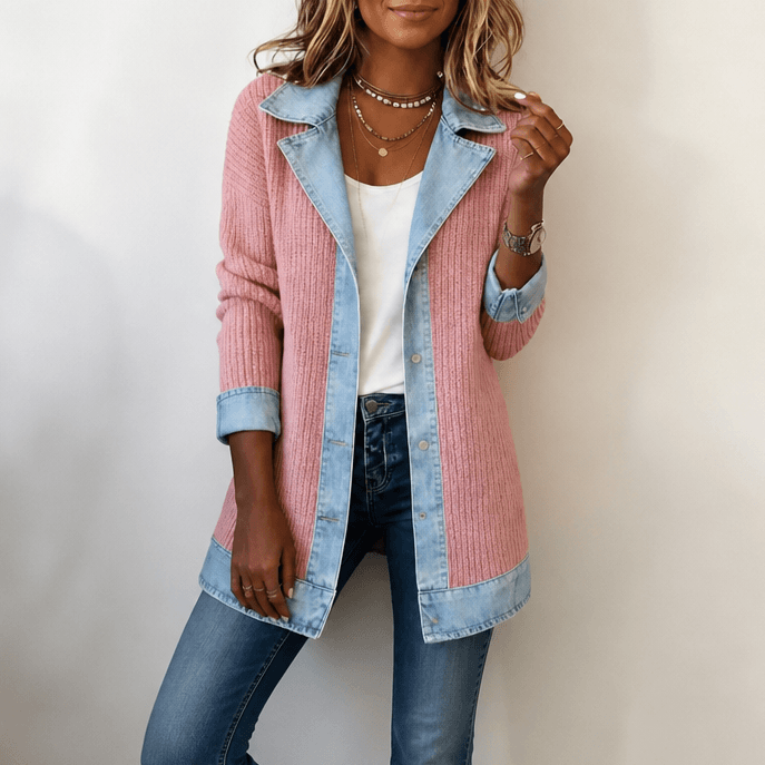 Women's Ribbed Knit Longline Sweater Cardigan with Denim Panel Trim