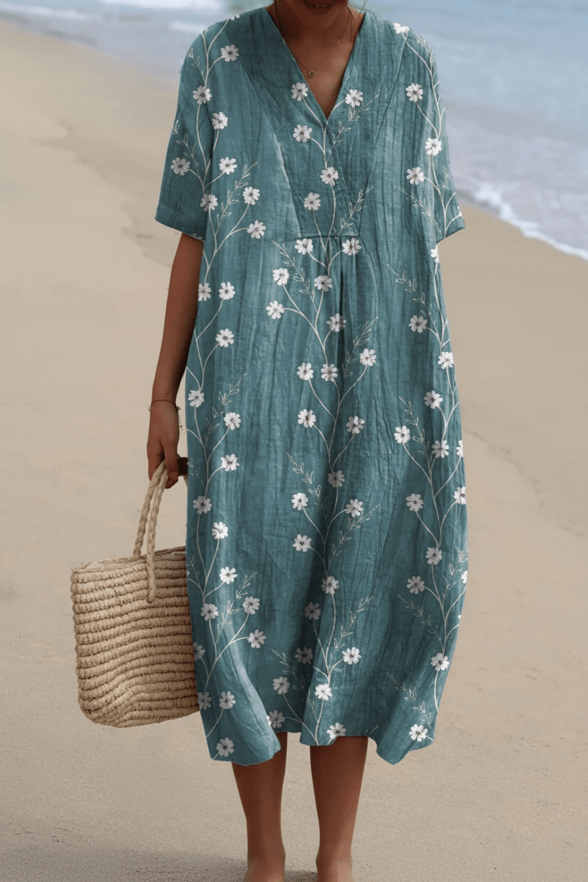Floral Print V Neck Midi Dress for Beach Vacation and Fall Dresses for Women Occasions