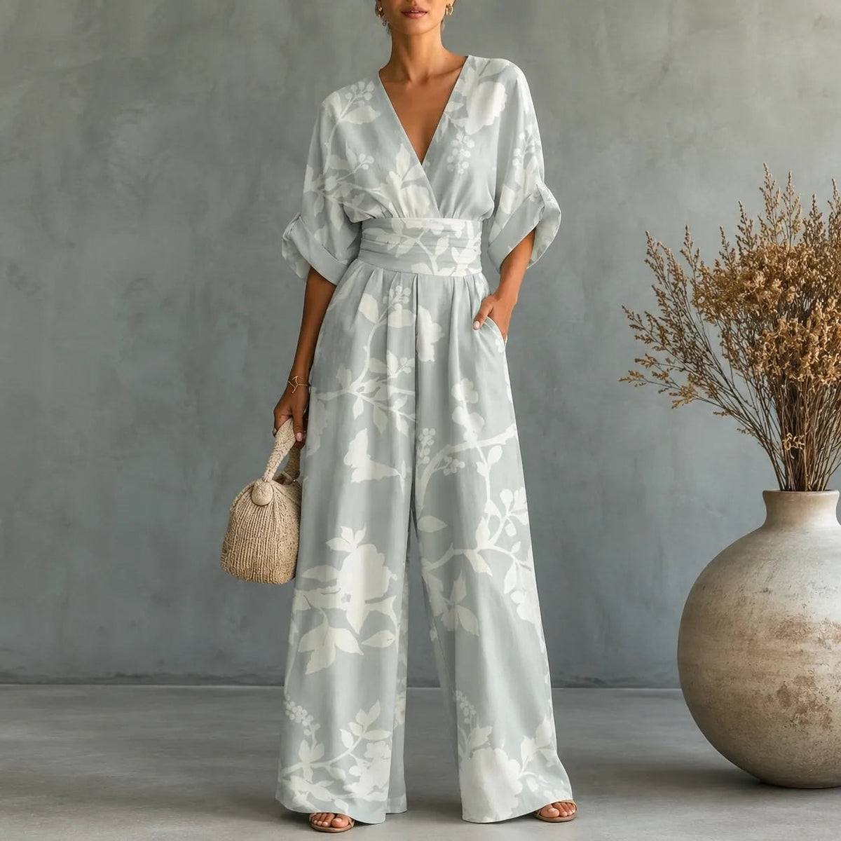 Floral Wide-Leg Jumpsuit with Cinched Waist in Place of a Two-Piece Set