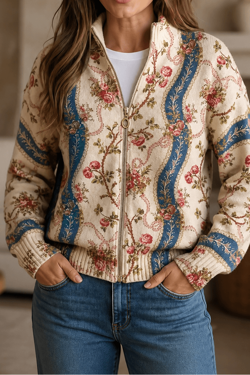 Women's Botanical Print Zip-Up Knit Cardigan Jacket