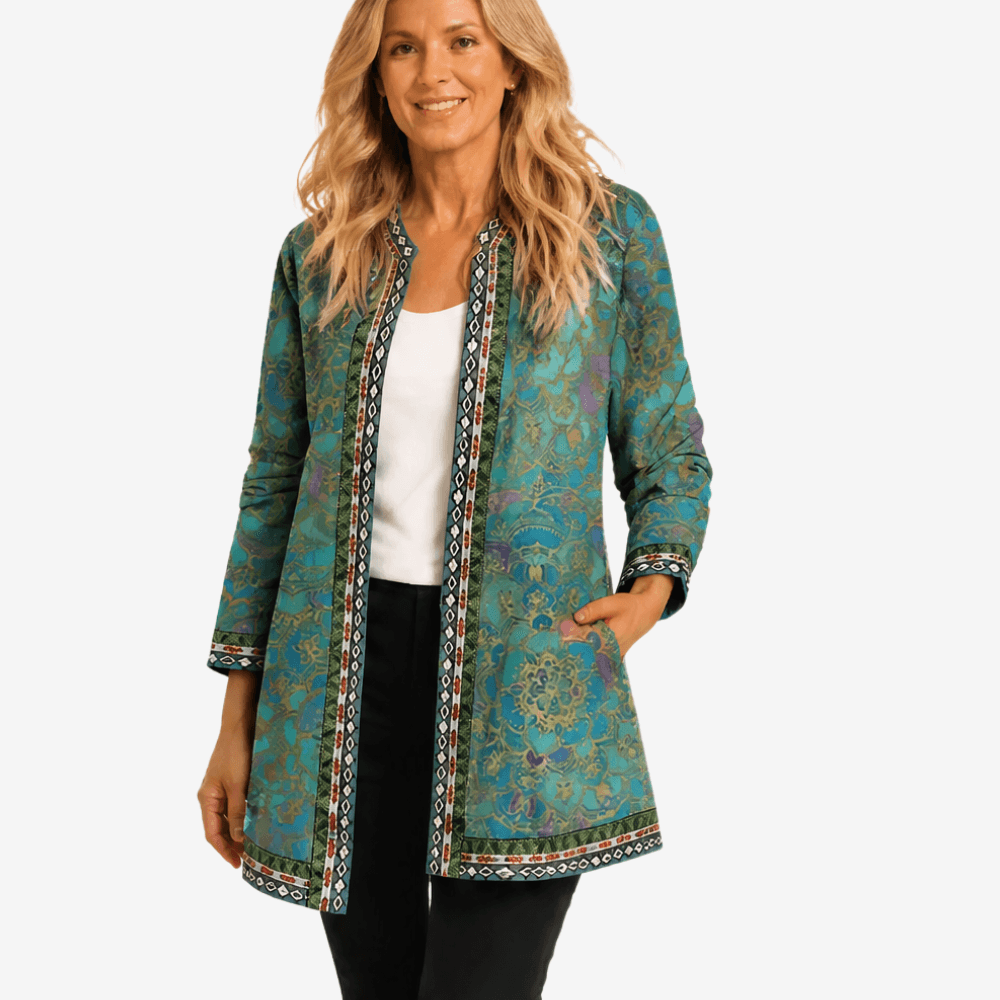 Patterned Open-Front Jacket with Embellished Trim for Women