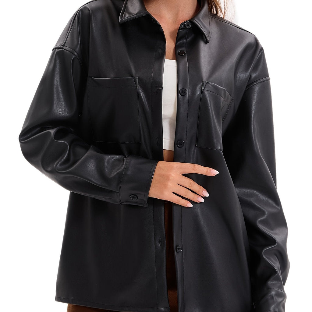 Oversized Faux Leather Shacket with Button Front Collared Fall Jacket