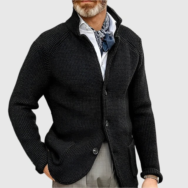 Waffle-Knit Button-Front Mens Sweaters Cardigan with Stand Collar