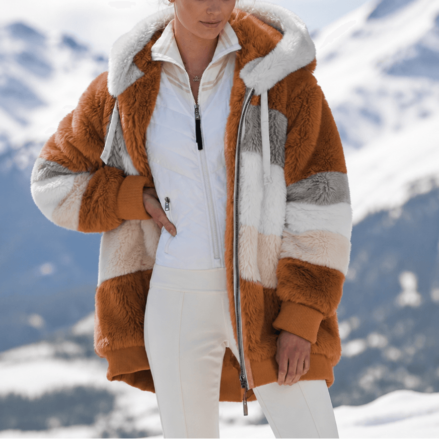 Furvella Women's Color-Block Oversized Faux Fur Hooded Winter Coat