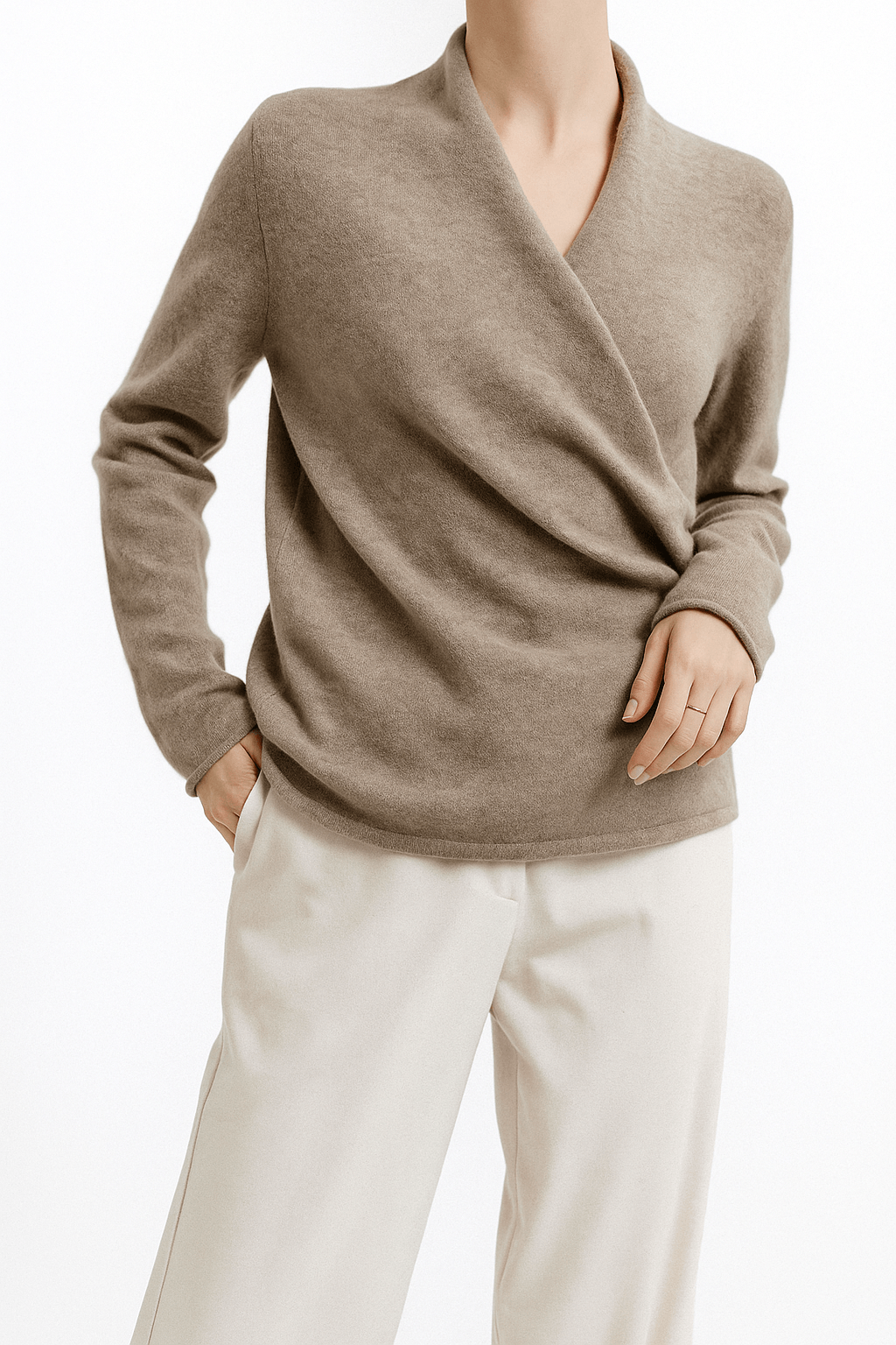 Women's Wrap-Front Knitted Sweater with V-Neck and Ribbed Hem