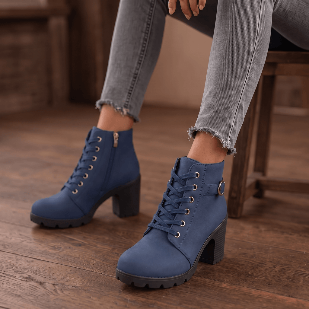 Women's Lace-Up Chunky Block Heel Ankle Boots with Side Zipper and Buckle Strap