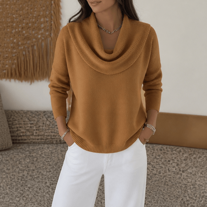 Women's Cowl Neck Drape Knitted Sweater with Long Sleeves