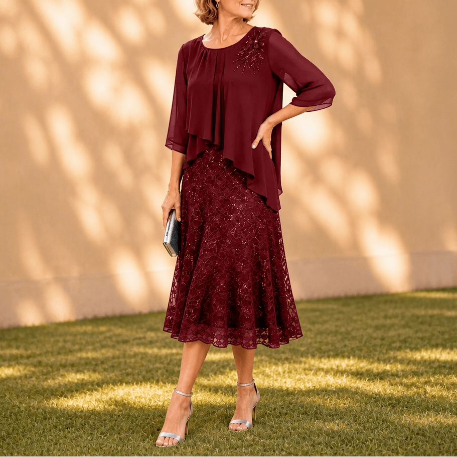 Elavine Floral Lace Overlay Chiffon Women's Midi Dress with Sheer Sleeves