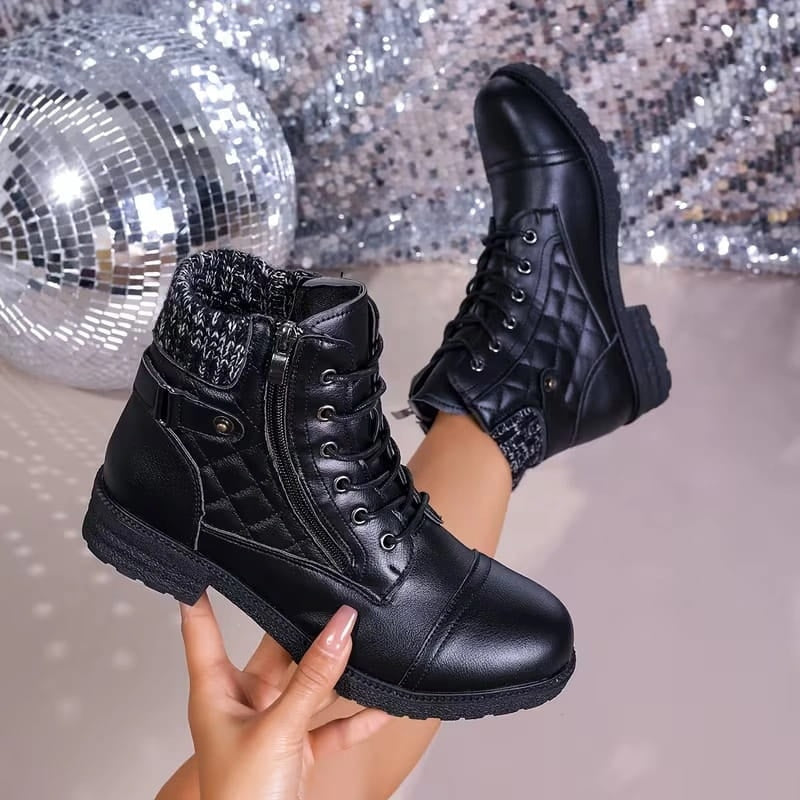 Women's Quilted Lace-Up Ankle Boots with Side Zip and Block Heel