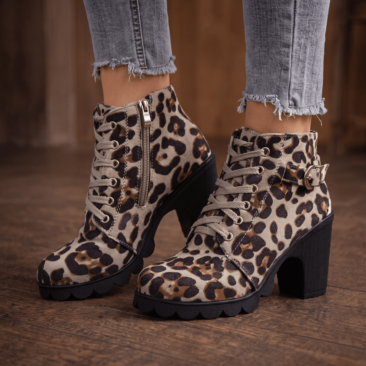 Women's Lace-Up Chunky Block Heel Ankle Boots with Side Zipper and Buckle Strap