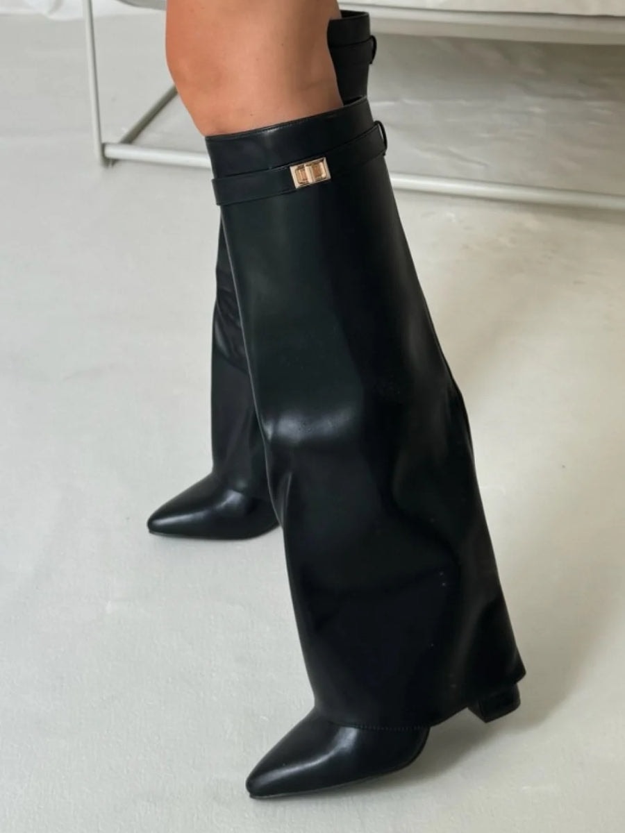 Knee-High Fold-Over Brown Boots with Buckle Strap for Fall and Winter