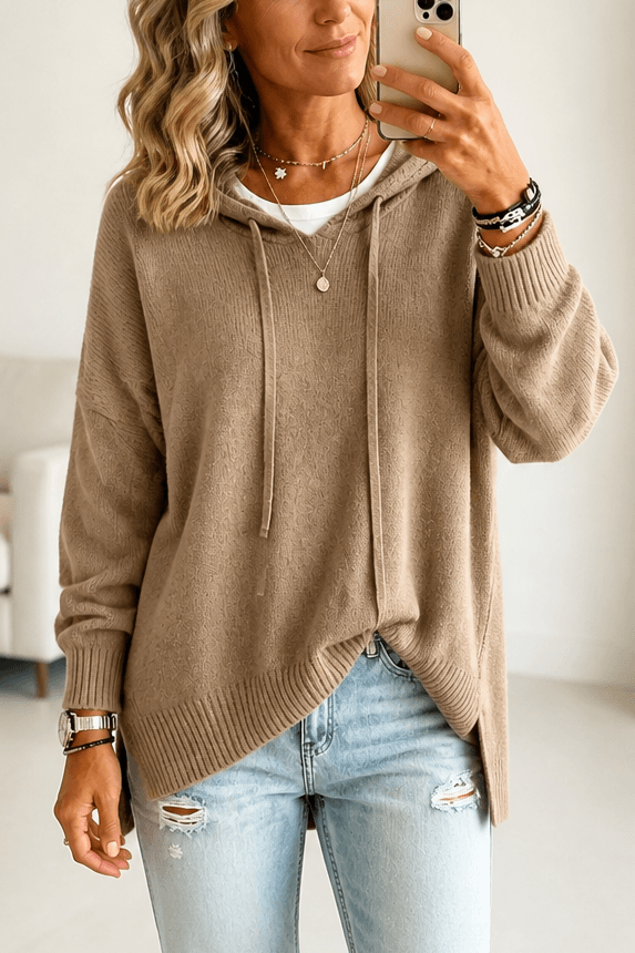 Women's Oversized Hooded Knitted Sweater with Drawstring