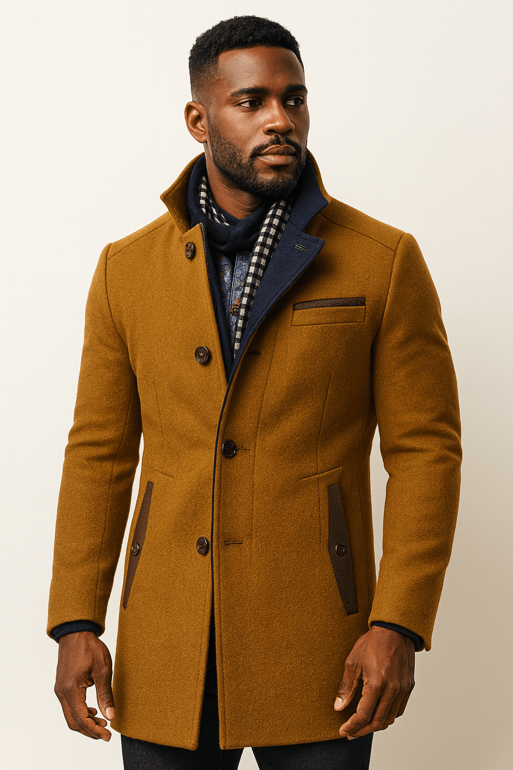 Men's Tailored Wool-Blend Winter Coat with Stand Collar