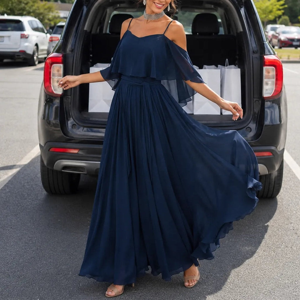 Solavia Cold-Shoulder Chiffon Women's Midi-to-Maxi Dress with Waist Drape