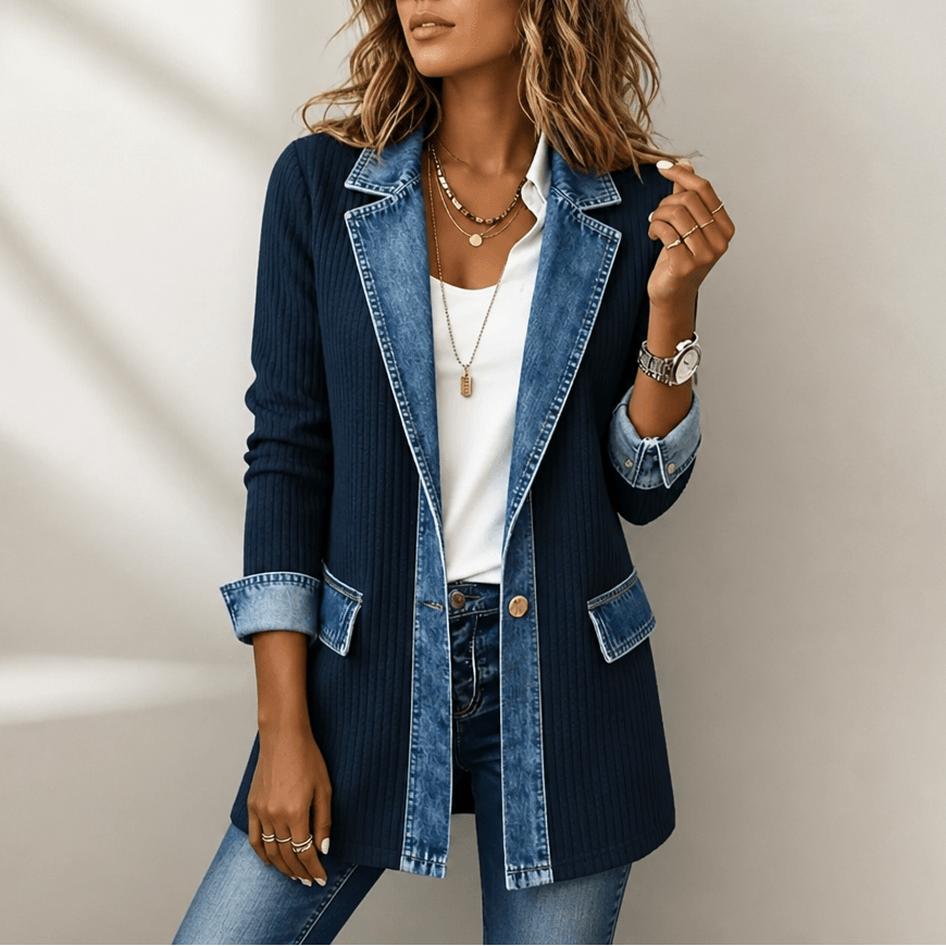 Women's Ribbed Knit Longline Sweater Cardigan with Denim Panel Trim