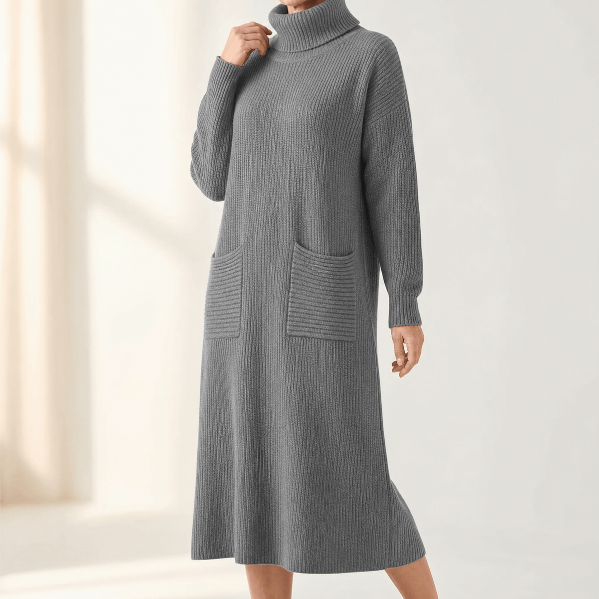 Velara Women's Relaxed Turtleneck Knitted Sweater Maxi Dress with Pockets
