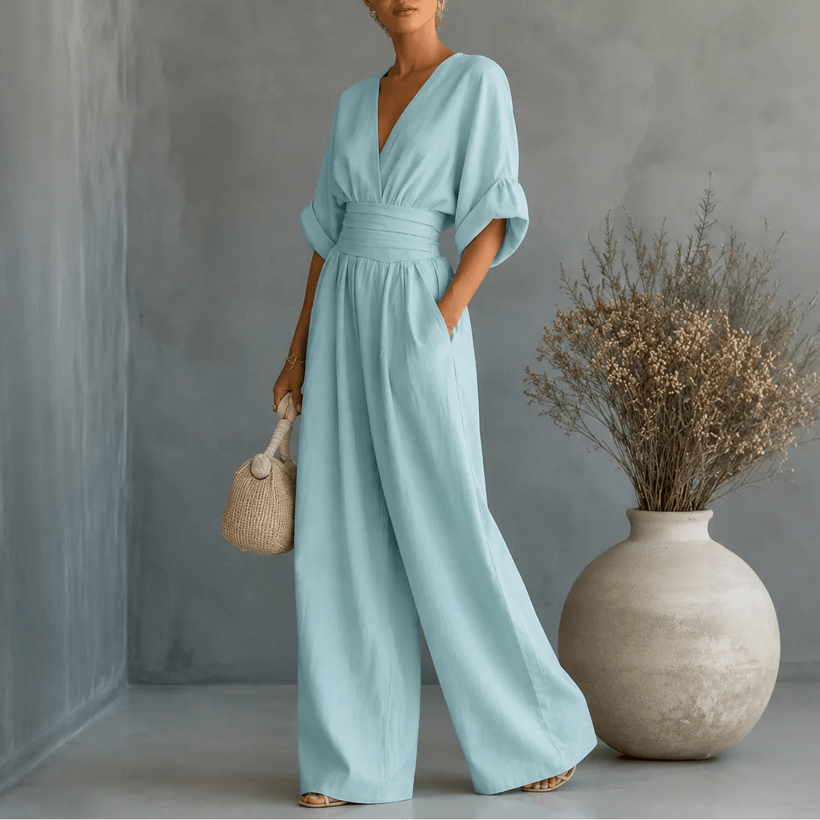 Wide-Leg Jumpsuit with V Neck and Pleated Waist Sash