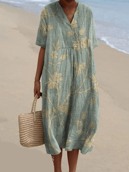 Floral Print V Neck Midi Dress for Beach Vacation and Fall Dresses for Women Occasions