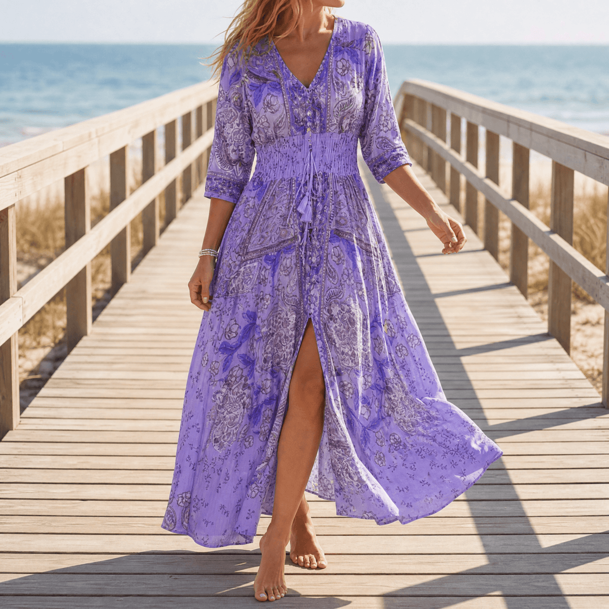 Floressa Paisley Floral V-Neck Maxi Dress with Drawstring Waist