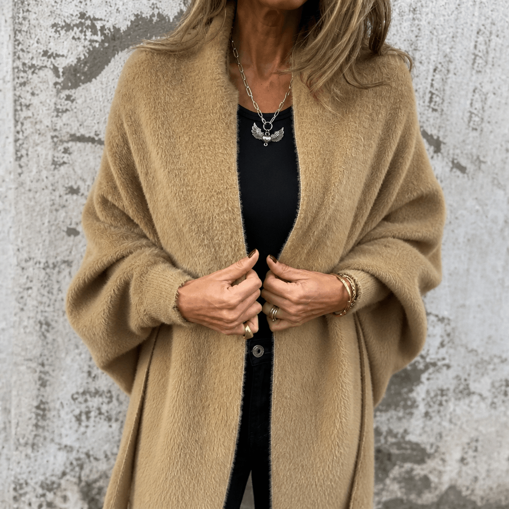Women's Draped Shawl Collar Open-Front Wool Winter Coat with Fringe Detail