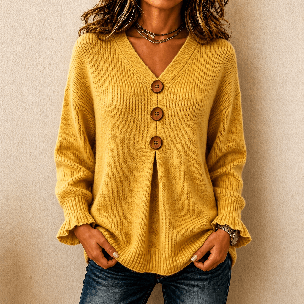Vessa Ribbed V-Neck Button-Front Acrylic Knitted Sweater for Women