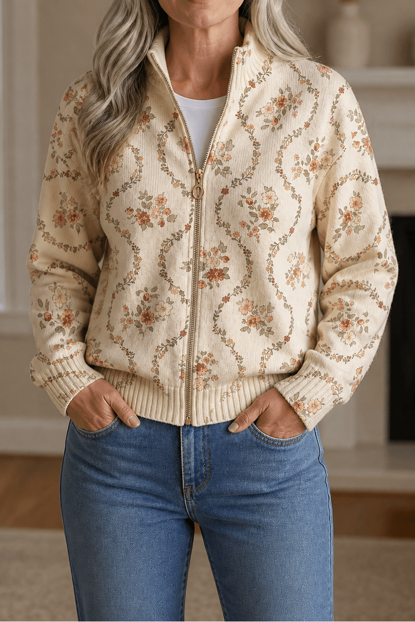 Women's Botanical Print Zip-Up Knit Cardigan Jacket