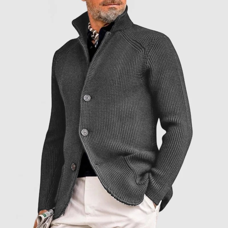 Waffle-Knit Button-Front Mens Sweaters Cardigan with Stand Collar