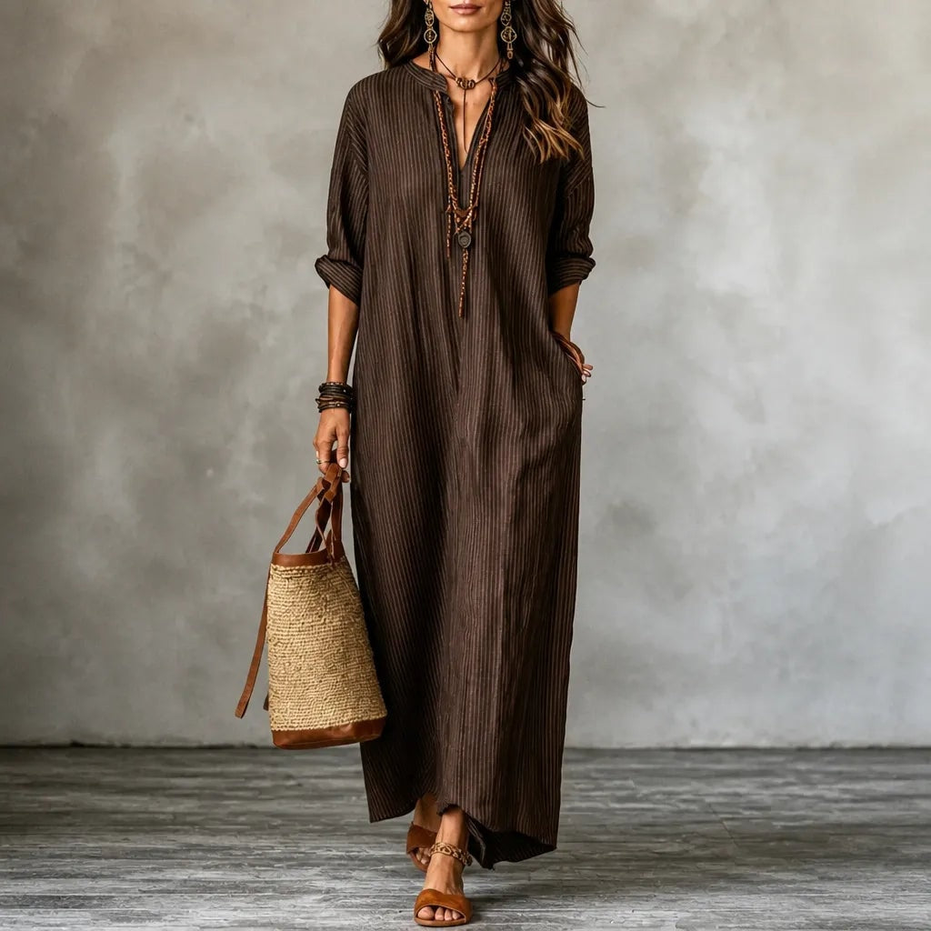 Striped V-Neck Maxi Dress with Long Sleeves and Pockets for Women
