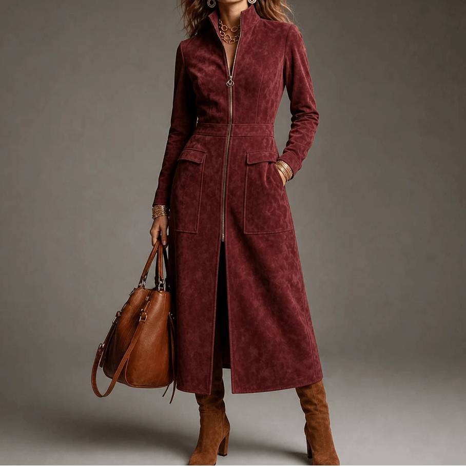 Women's Fitted Long Faux Suede Coat with Stand Collar and Full-Length Zip