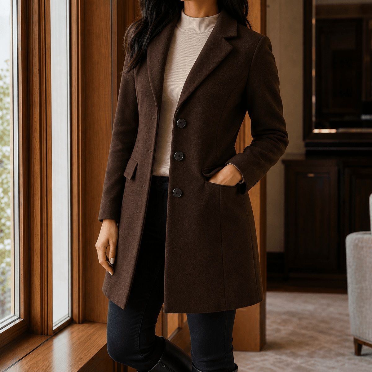 Women's Wool-Blend Tailored Winter Coat with Notched Lapel