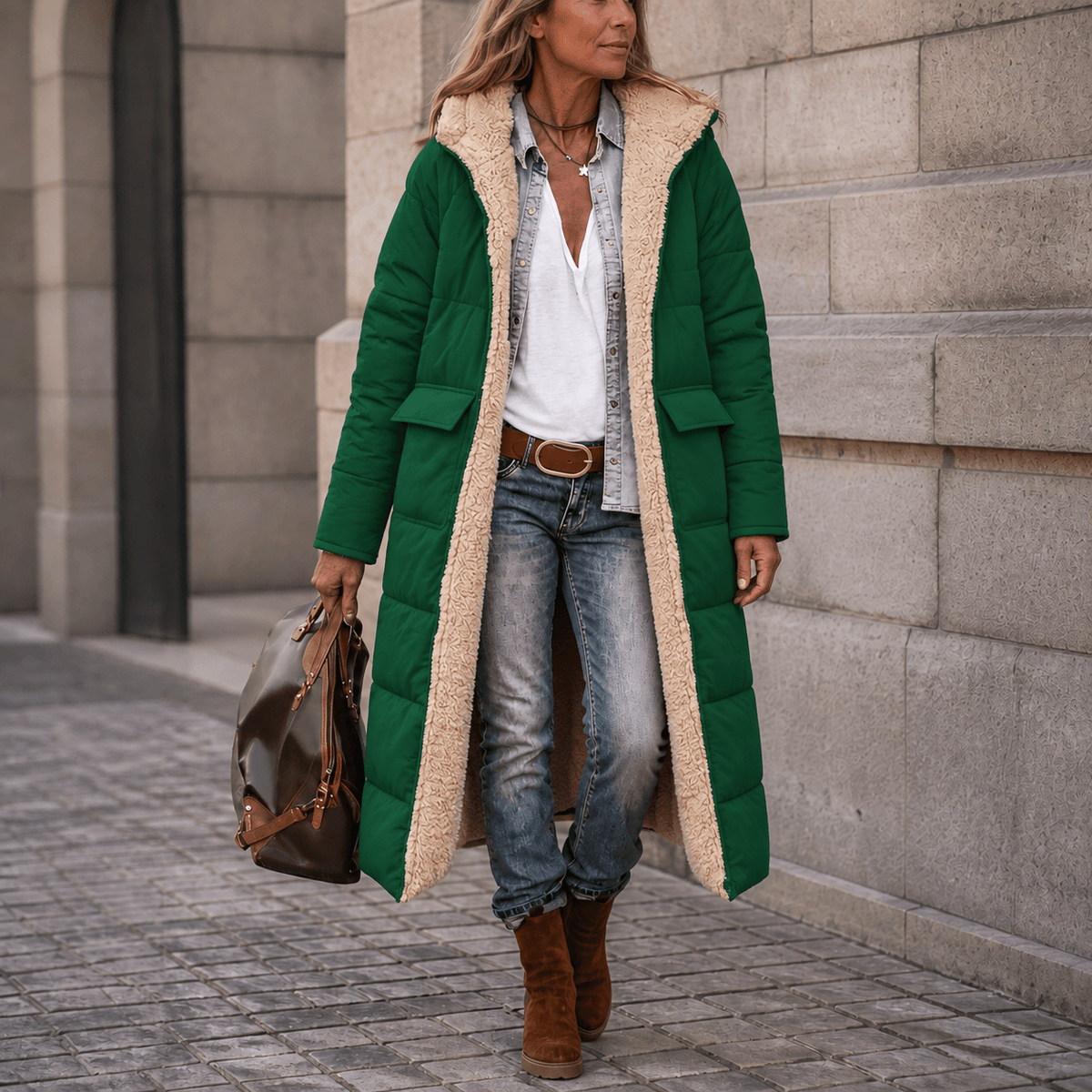 Reversa Women's Reversible Hooded Long Winter Coat with Faux Shearling Lining