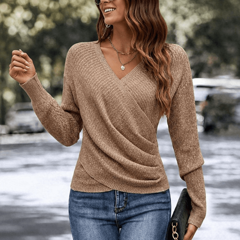 Women's Crossover Wrap V-Neck Knitted Sweater with Cinched Waist Detail