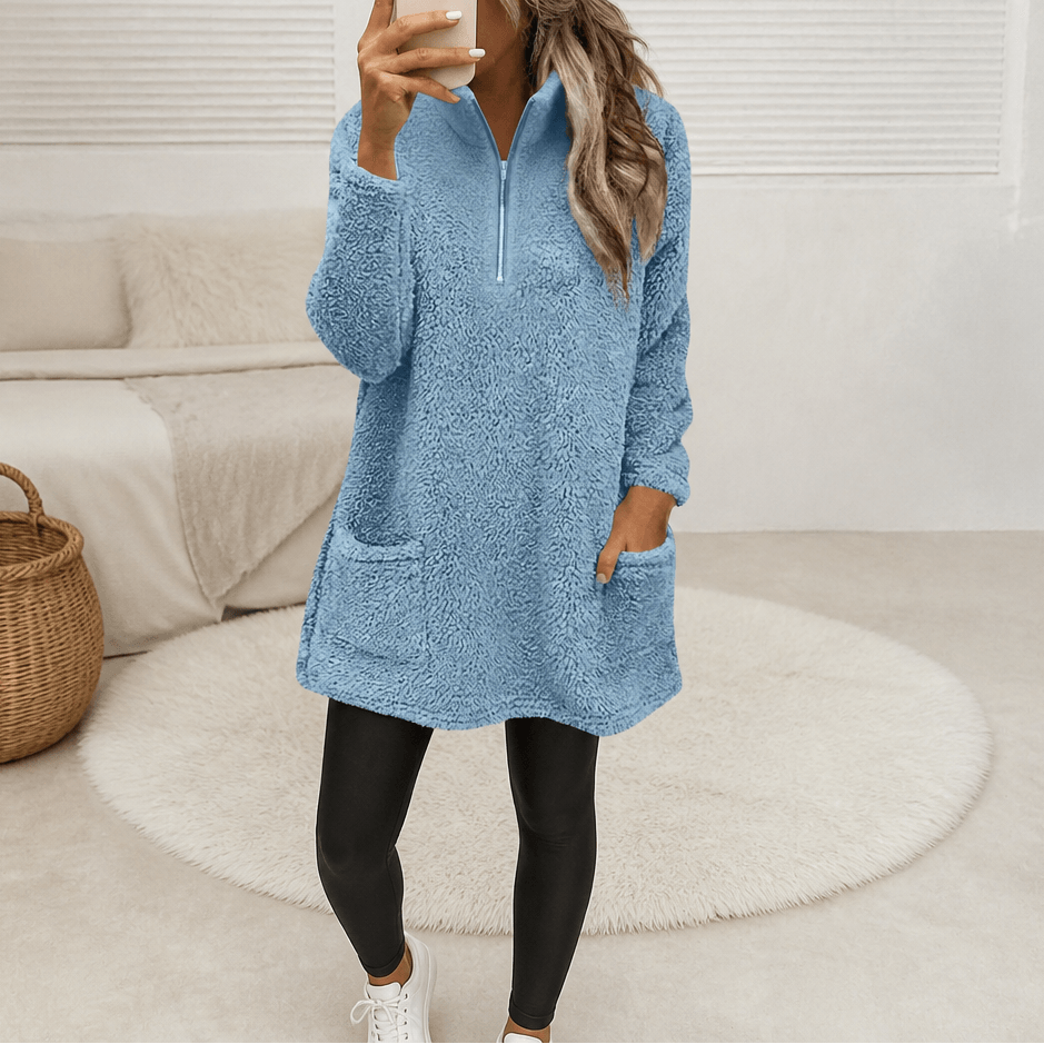 Women's Longline Half-Zip Sherpa Fleece Pullover with Pockets