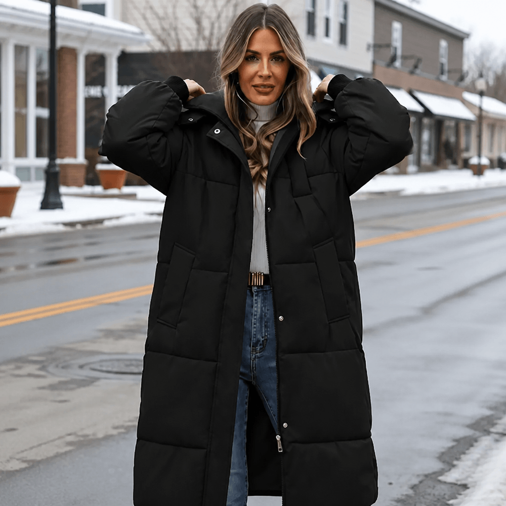 Women's Long Hooded Quilted Puffer Jacket with Side Pockets