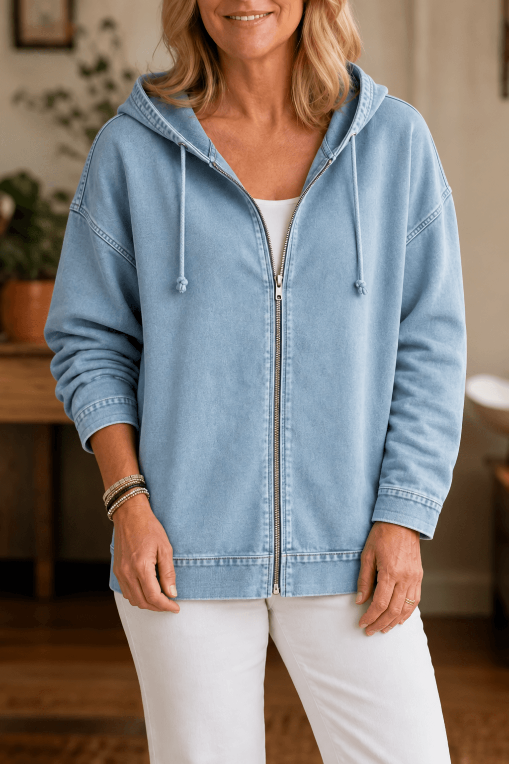 Women's Washed Relaxed Fit Zip-Up Hoodie with Drawstring Hood