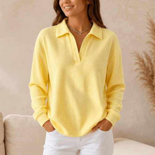 Women's Oversized Waffle-Knit Long-Sleeve V-Neck Sweater with Collar