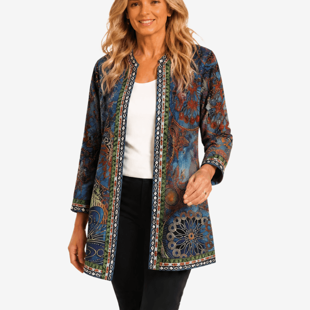 Patterned Open-Front Jacket with Embellished Trim for Women