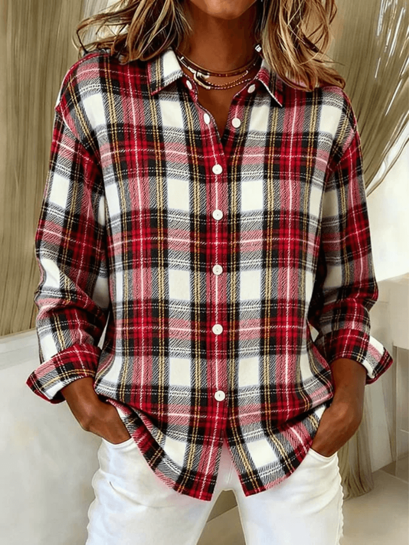 Esmeralda Women's Plaid Cotton Blend Long Sleeve Button-Up Blouse