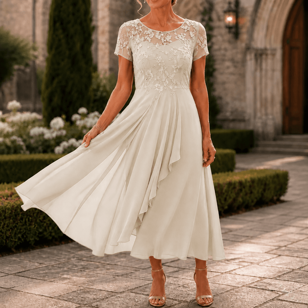 Floral Lace Bodice Chiffon Women's Midi Dress with Short Sleeves