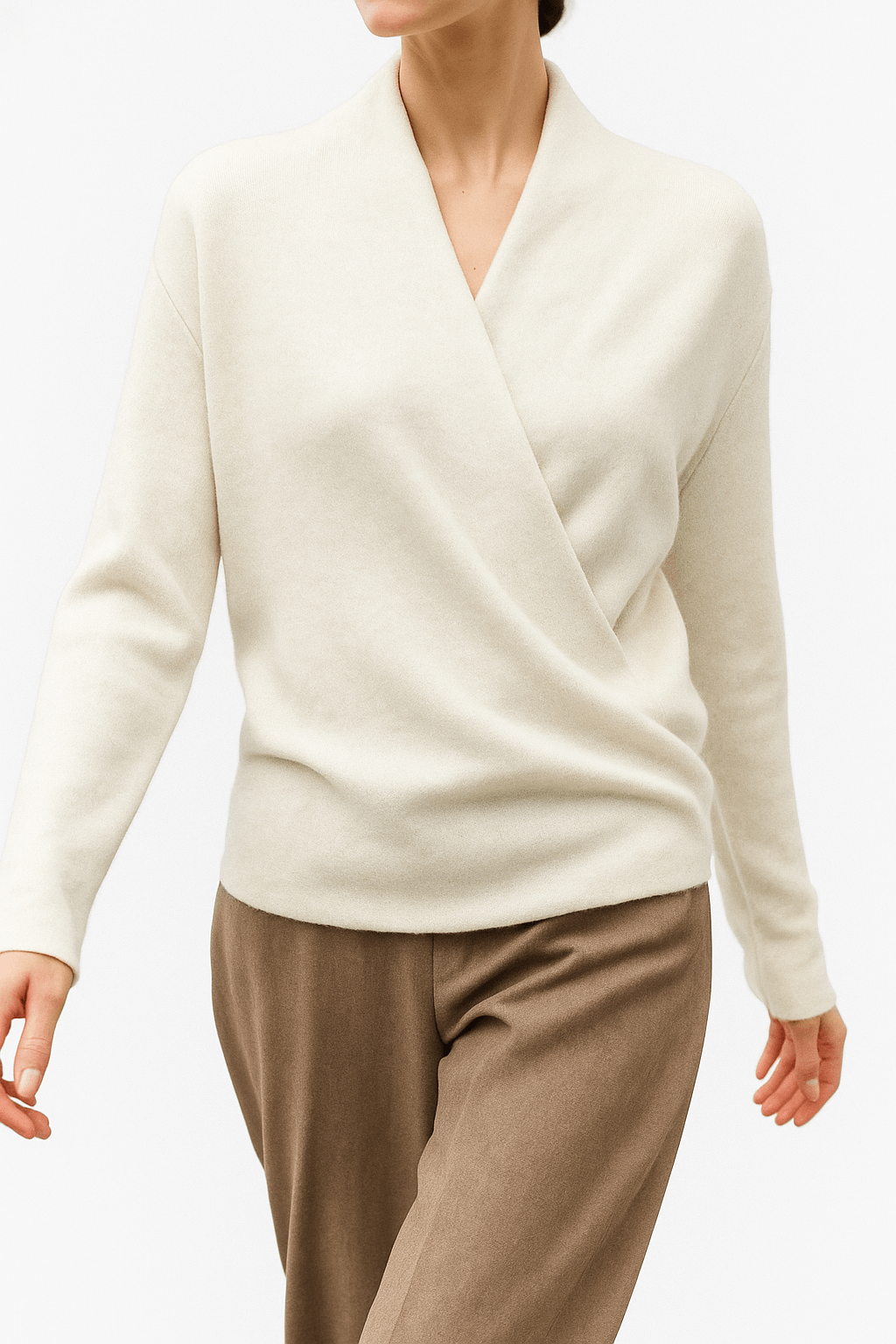 Women's Wrap-Front Knitted Sweater with V-Neck and Ribbed Hem