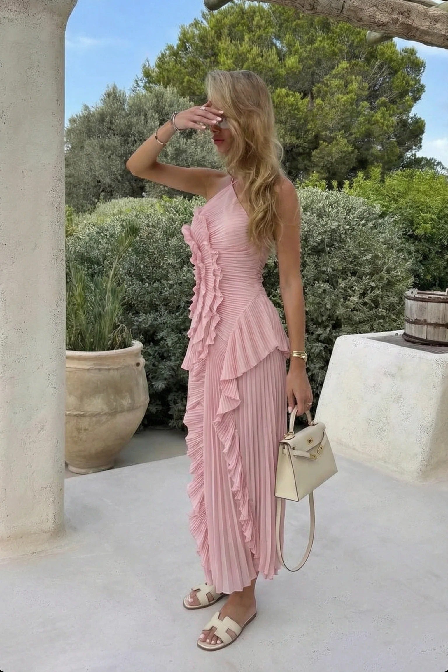 Pleated Ruffle Halter Maxi Dress for Fall Wedding Guests